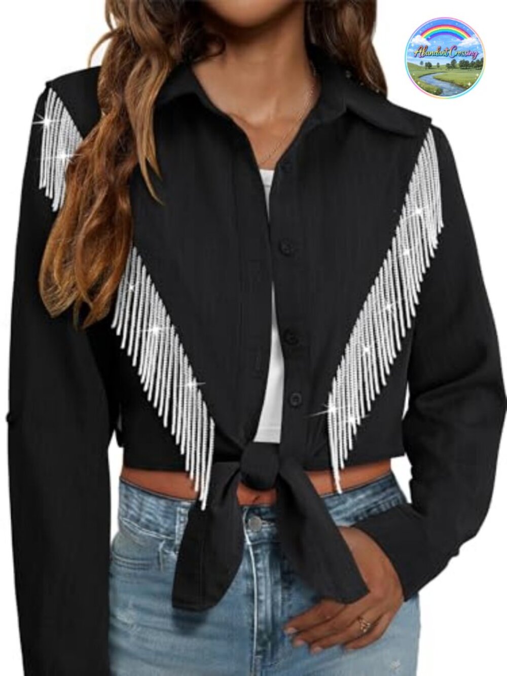 Rhinestone Fringe Western Cowgirl Crop Top Button Down Shirt